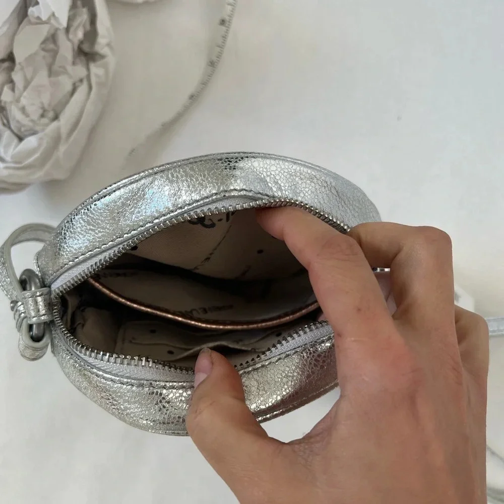 ADRIENNE LANDAU Round zipper Cross Body Silver Rose Gold Pony Shoulder Bag Purse
